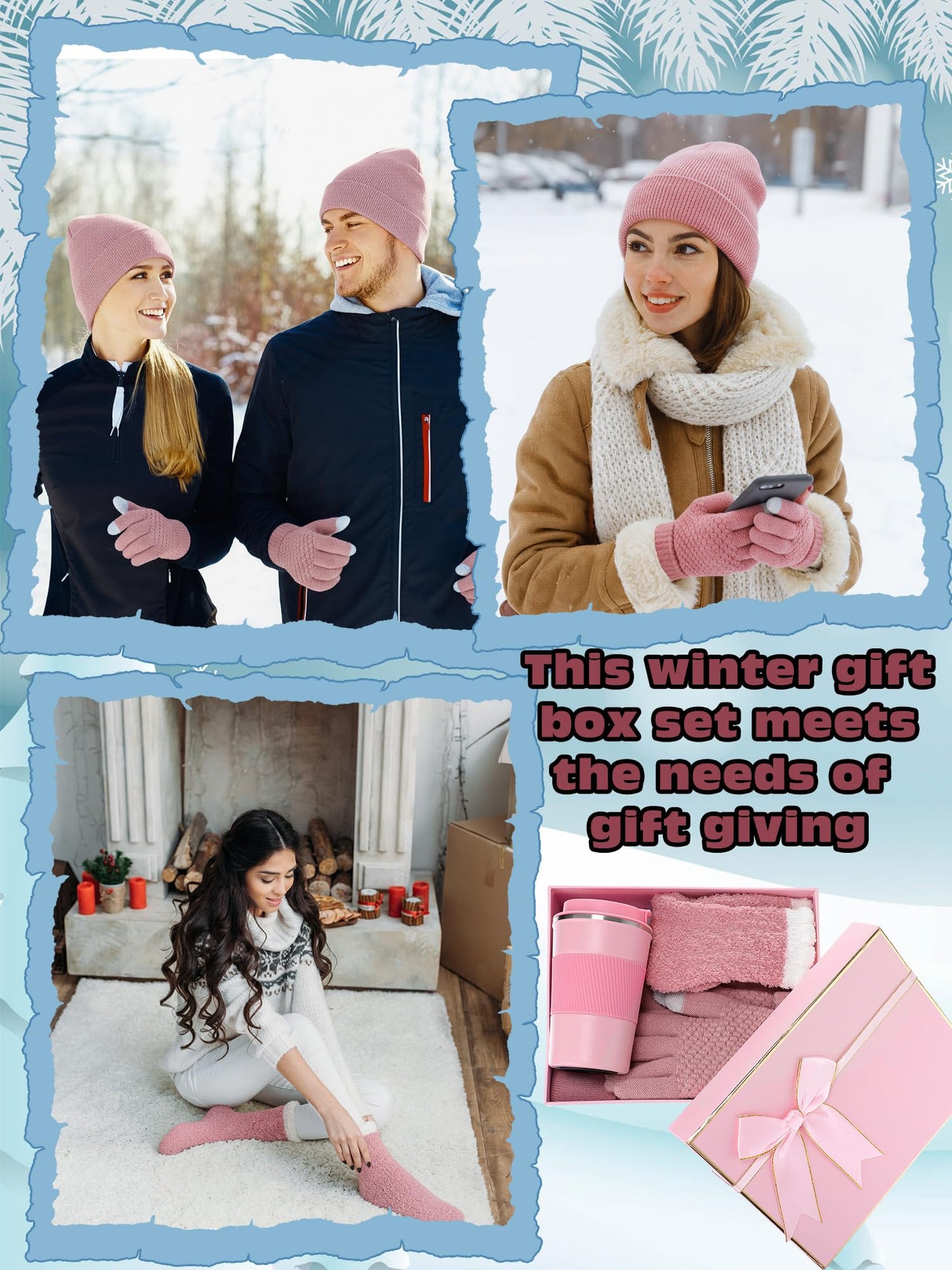 Teenyyou 5 Pcs Winter Gift Set for Woman Hat Gloves Fuzzy Crew Socks 12 oz Coffee Mug Gift Box with Lids Christmas Women Gift(Pink)