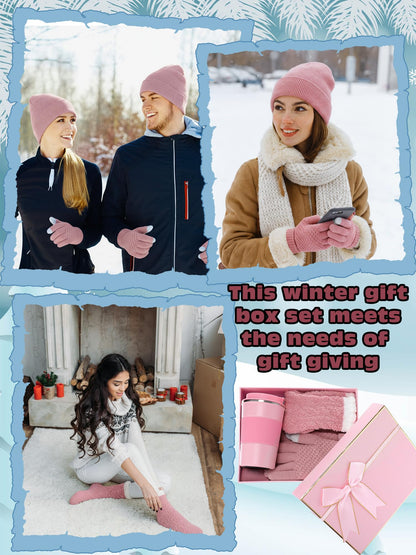 Teenyyou 5 Pcs Winter Gift Set for Woman Hat Gloves Fuzzy Crew Socks 12 oz Coffee Mug Gift Box with Lids Christmas Women Gift(Pink)