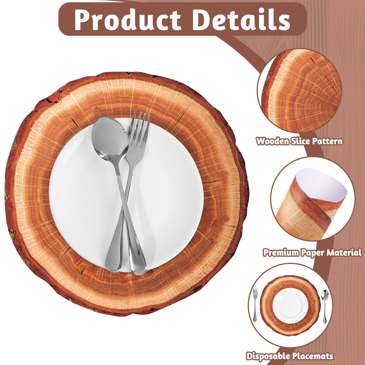 60 Pcs Wood Placemats, 13.5 Inch Disposable Paper Placemats Rustic Wedding Decor,Brown Round Table Mats Bulk for Table Setting Farmhouse Wedding Banquet Dinner Party Decor