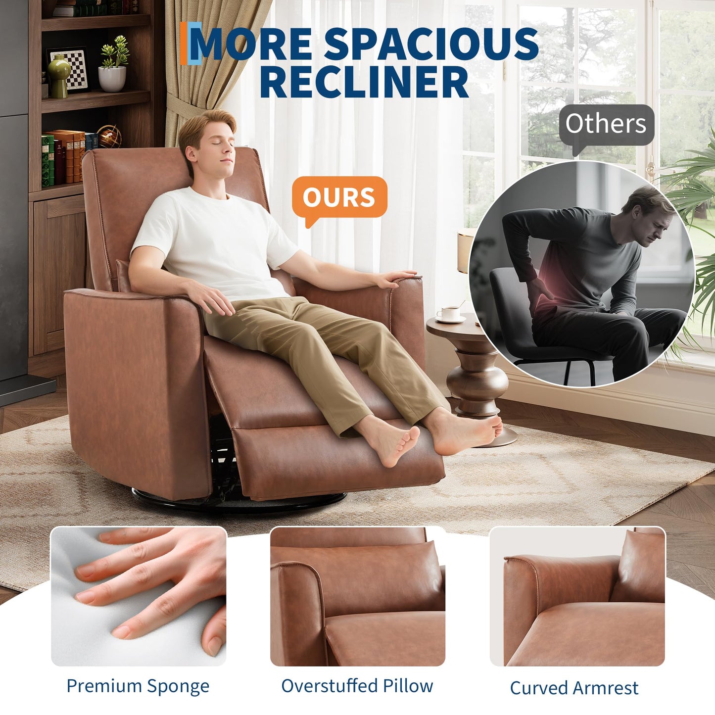 360° Swivel Glider Recliner Chair with Lumbar Support - Ergonomic PU Leather Manual Rocking Chair for Nursery, Living Room, Bedroom, Home Office