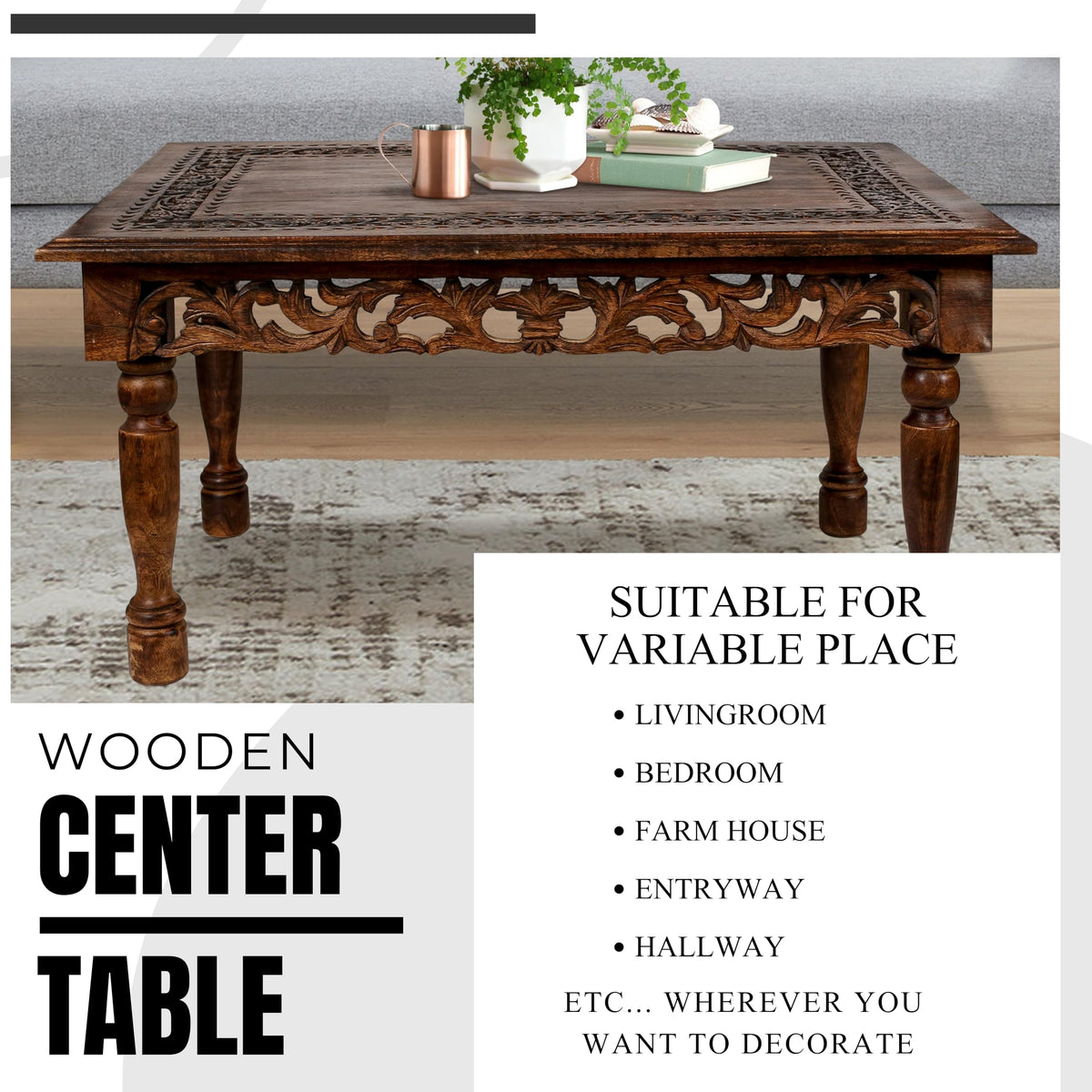 Rectangular Wooden Coffee Table Cutwork Jali Carving, Farmhouse Coffee Table, Rustic Center Table, Mid Century, Rustic and Modern Style Living Room Furniture - 36x24x18 Inch Burnt