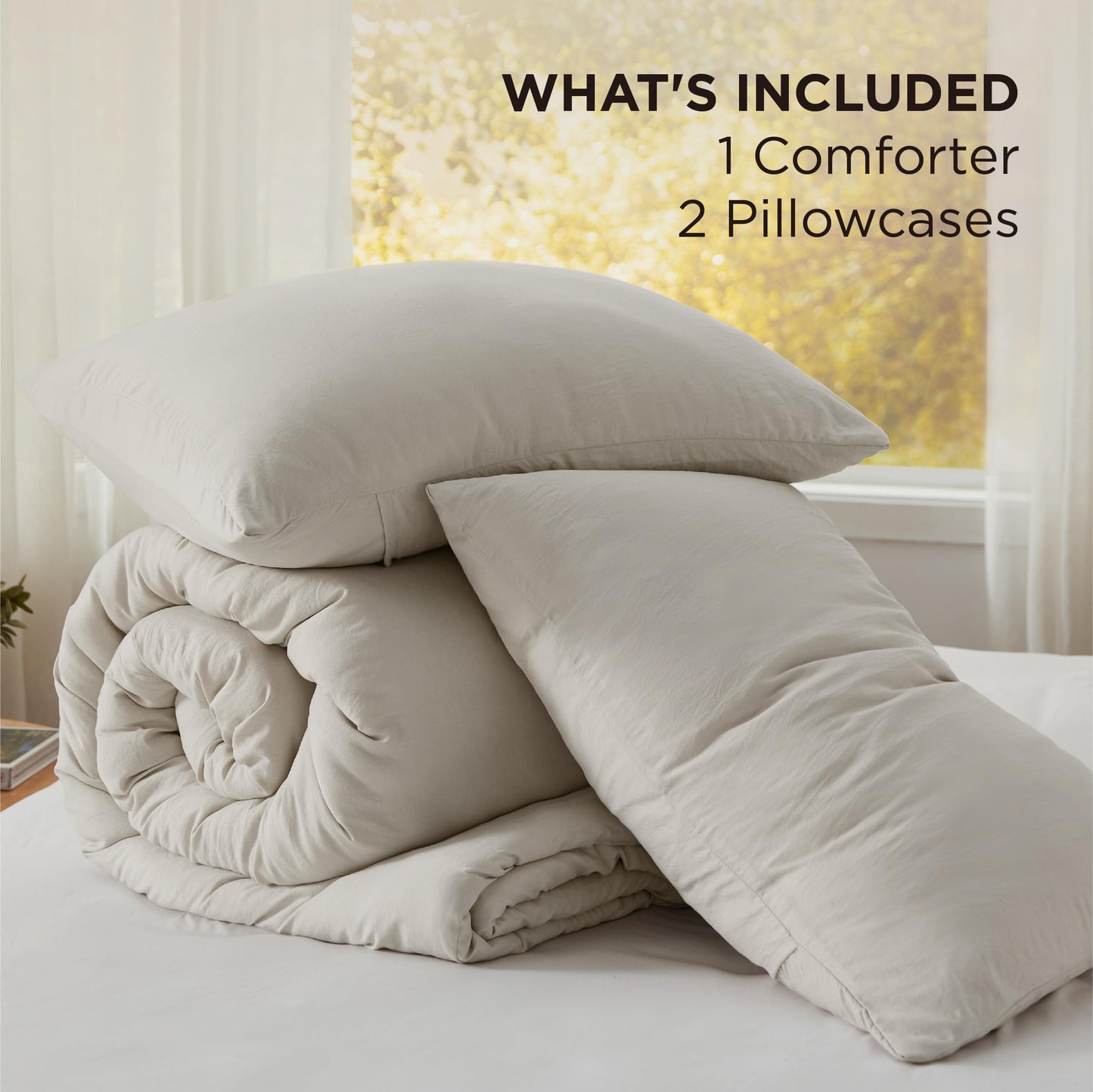 Bedsure King Comforter Set, Beige Soft Prewashed Bedding for All Seasons, 3 Pieces GentleSoft™ Bed Set, 1 Lightweight Comforter (104"x90") and 2 Pillowcases (20"x36")