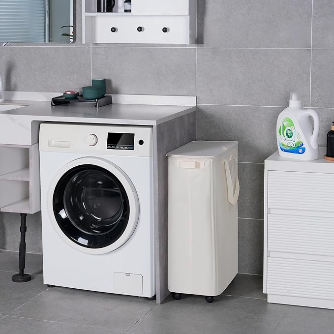 Slim Laundry Hamper with Lid and Wheels, Small Rolling Laundry Basket with