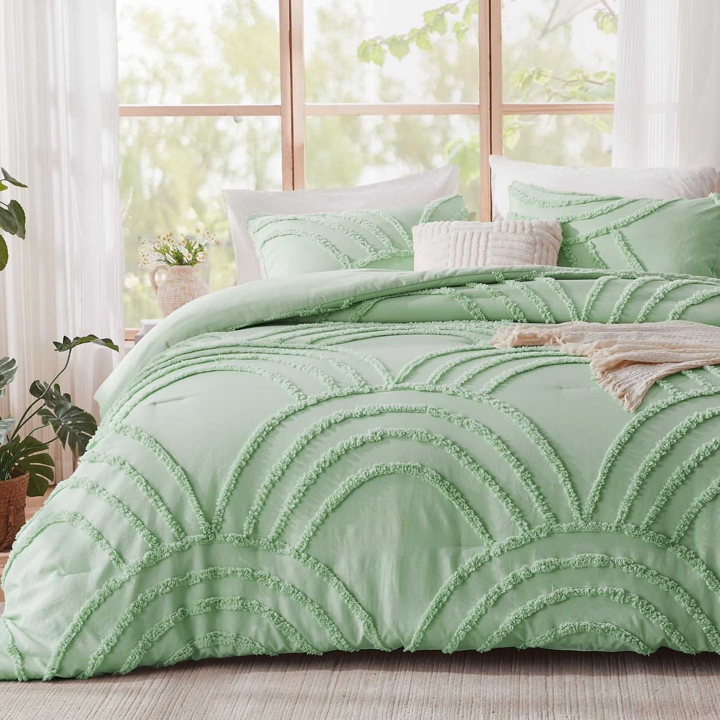 ENJOHOS Light Green Full Comforter Set - Full Size Boho Style Comforter, 3 Pieces Rainbow Bedding for All Season, Lightweight Soft Microfiber Comforter with 2 Pillowcase