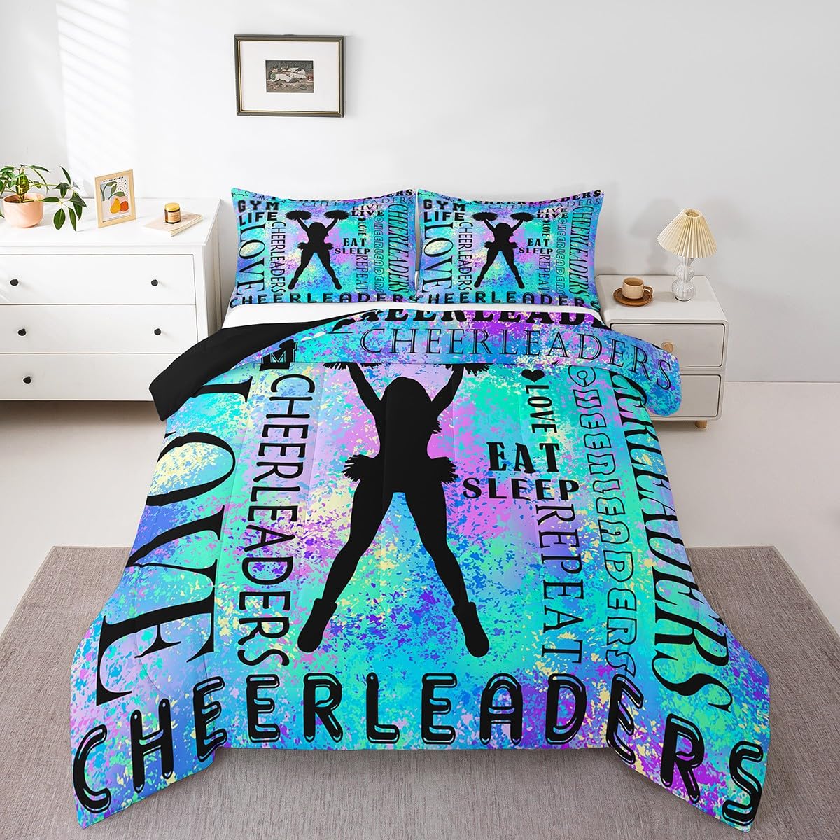 Feelyou Cheer Bedding Set Full Size Kids Dancer Comforter Cover for Boys Girls Teens Blue Duvet Cover Breathable Soft Lightweight Microfiber