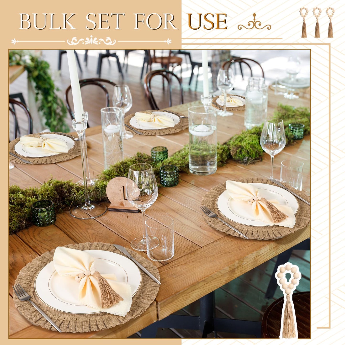 Gejoy Round Burlap Placemats Wood Bead Napkin Rings with Dinner Napkins Cloth, Jute Heat Resistant Placemats Boho Wooden Rings for Plates Wedding Dining Table(36 Pcs)