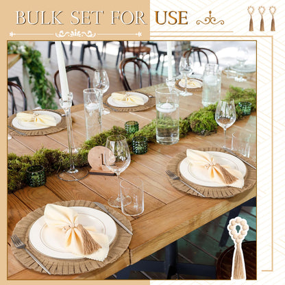Gejoy Round Burlap Placemats Wood Bead Napkin Rings with Dinner Napkins Cloth, Jute Heat Resistant Placemats Boho Wooden Rings for Plates Wedding Dining Table(36 Pcs)