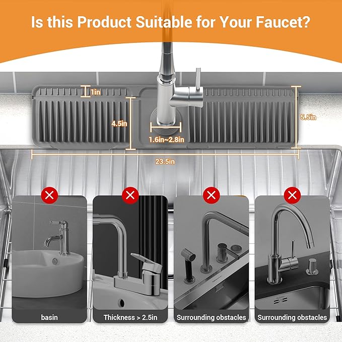 Faucet Mat for Kitchen Sink, Snap-On Design & 7°slope Fast Drain, Folding Sink