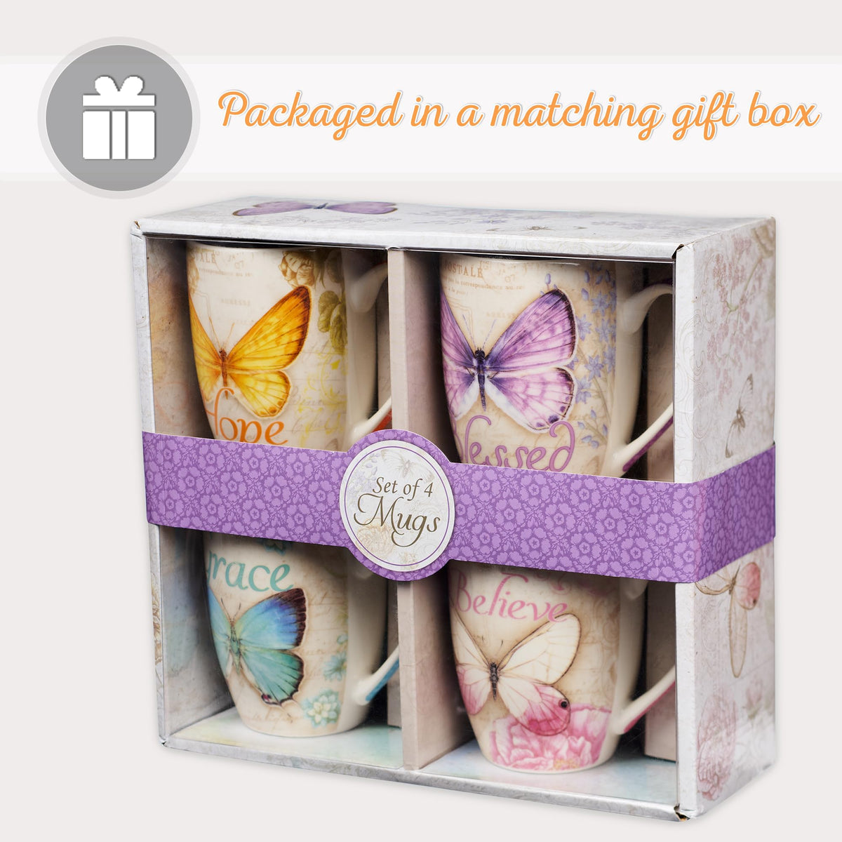 Christian Art Gifts Ceramic Mug Set-Butterflies (Set Of 4)