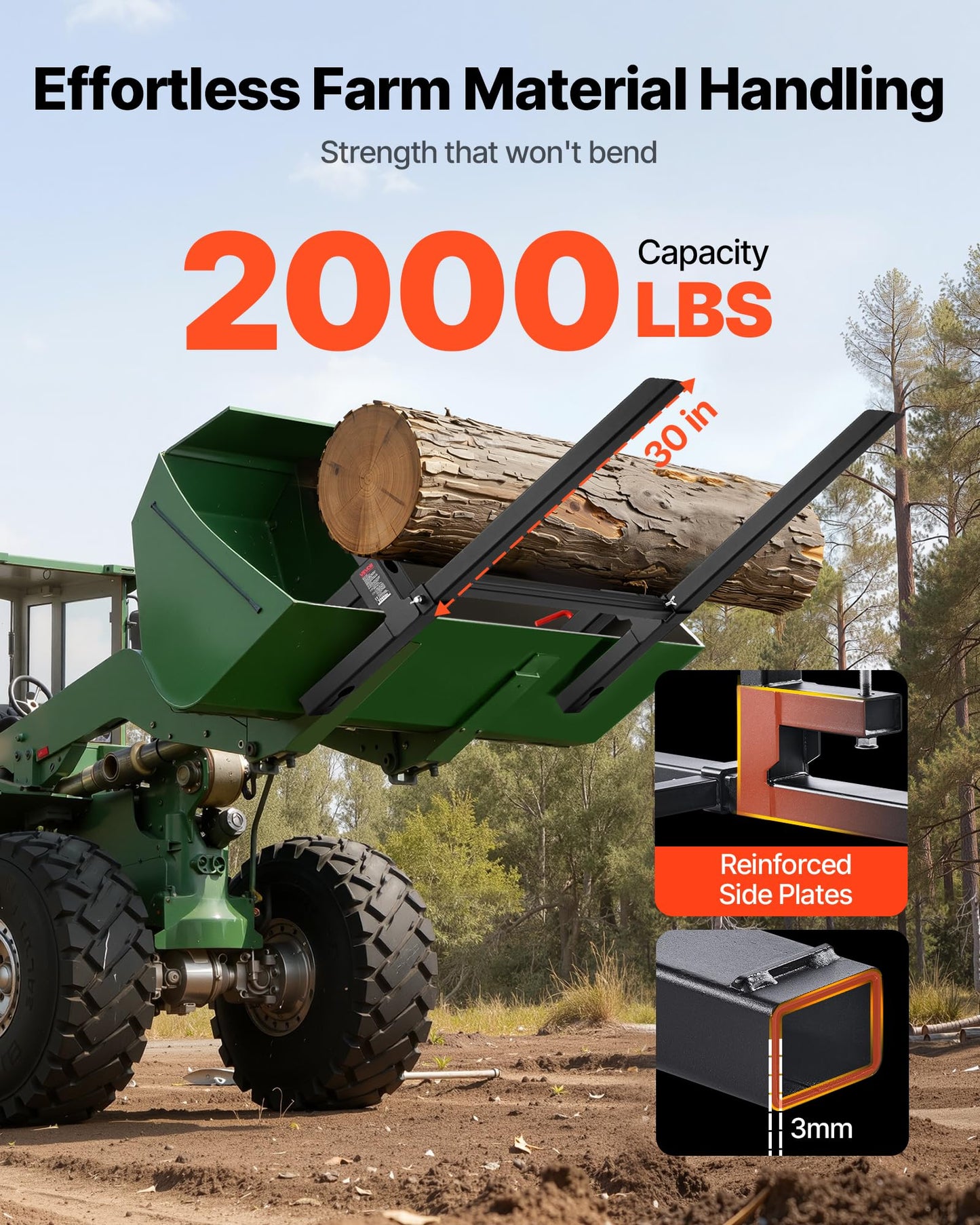 VEVOR Pallet Forks, 2000 lbs Clamp on Pallet Forks, 43-Inch Total Length Heavy-Duty Tractor Fork with Adjustable Stabilizer Bar for Tractor Attachments, Loader Bucket, and Skid Steer, Black