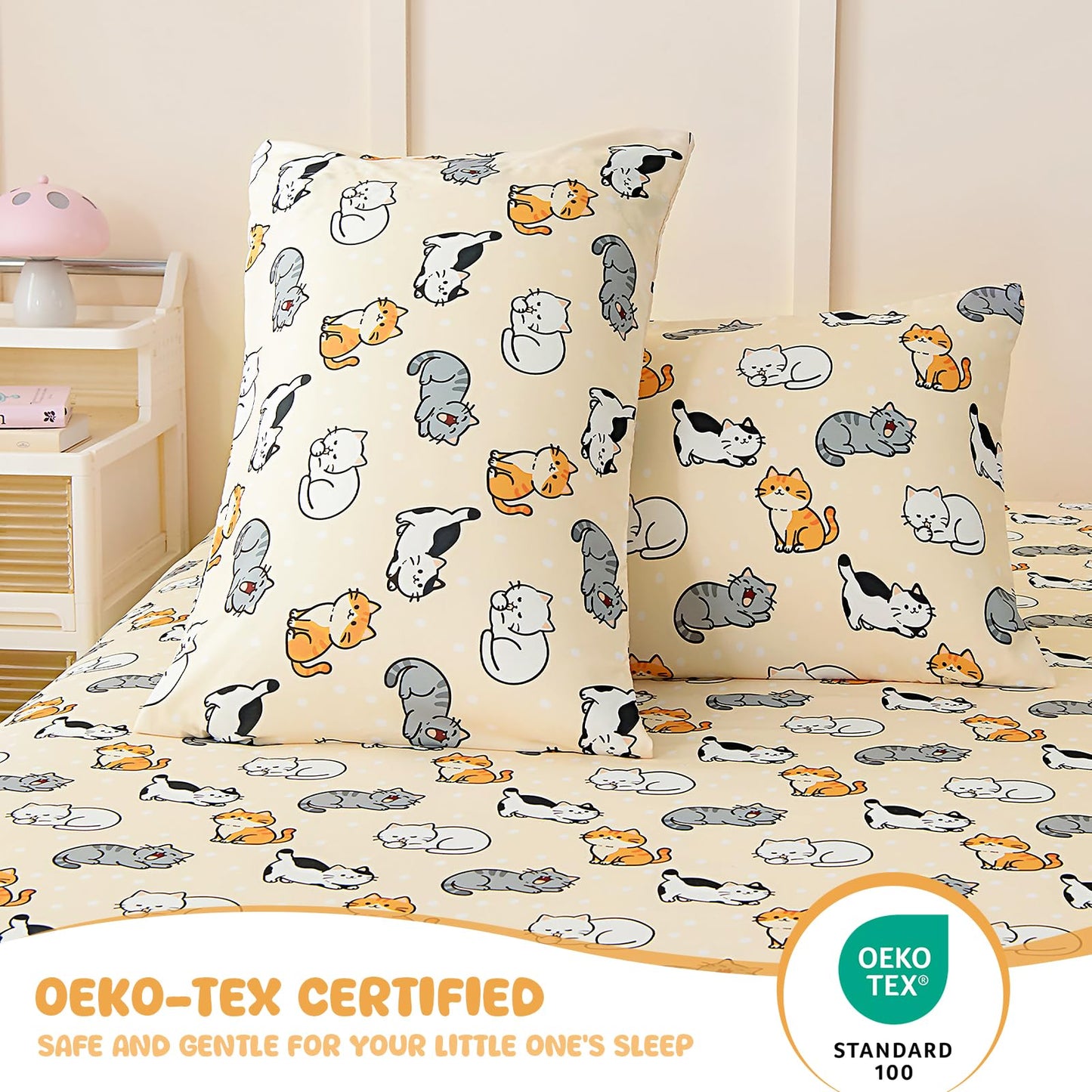 MICORAL Kids Twin Sheet Set, 3 Pieces Sheets for Boys & Girls, Soft Printed Microfiber Bed Sheets, Deep Pocket Cozy Toddler Bedding Set, Beige Cats