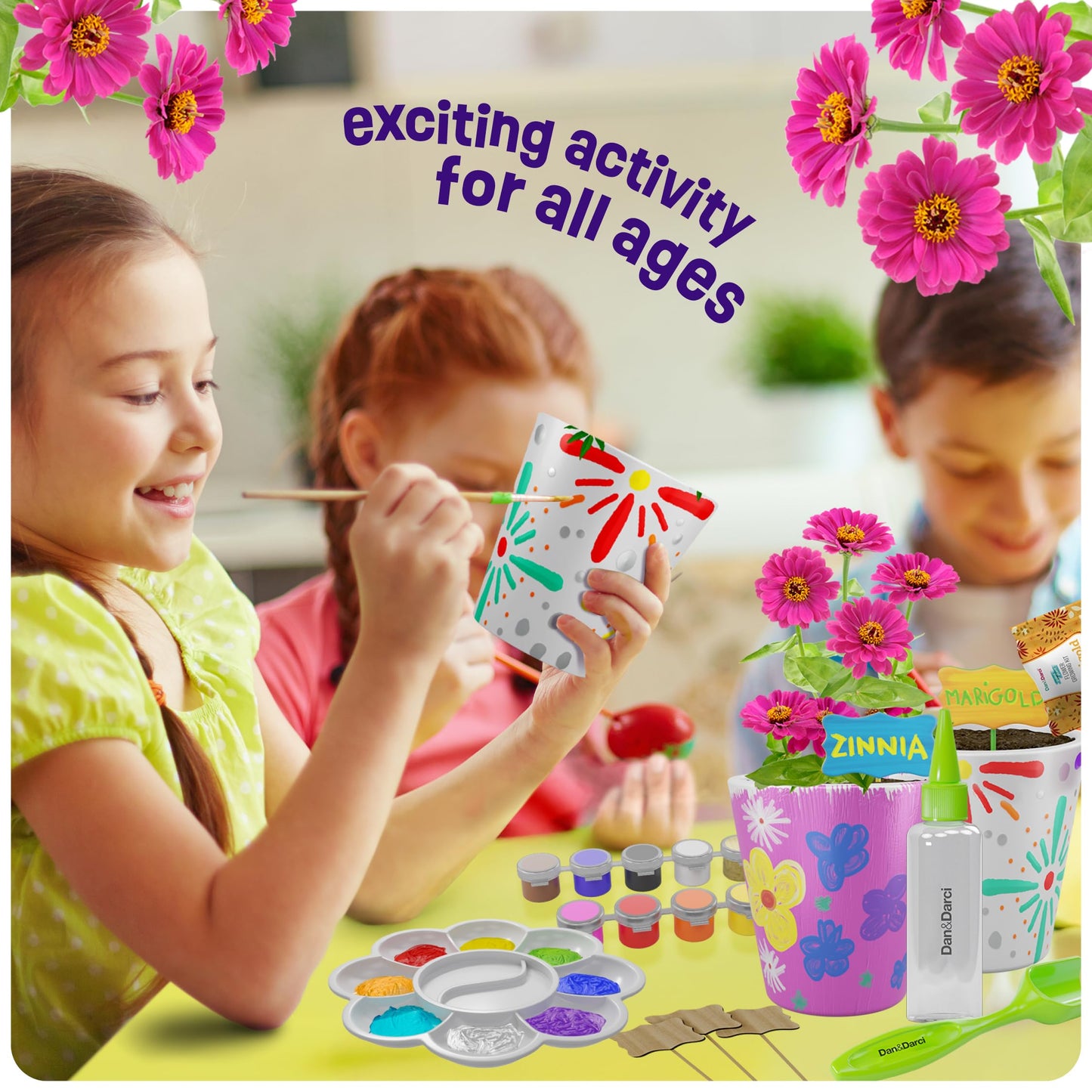 Dan&Darci Paint & Plant Stoneware Flower Gardening Kit - Gifts for Girls & Boys Ages 6-12 - Kids Arts & Crafts Project Birthday Gift, STEM Activity for Age 6, 7, 8, 9, 10, 11 & 12 Year Old Girl