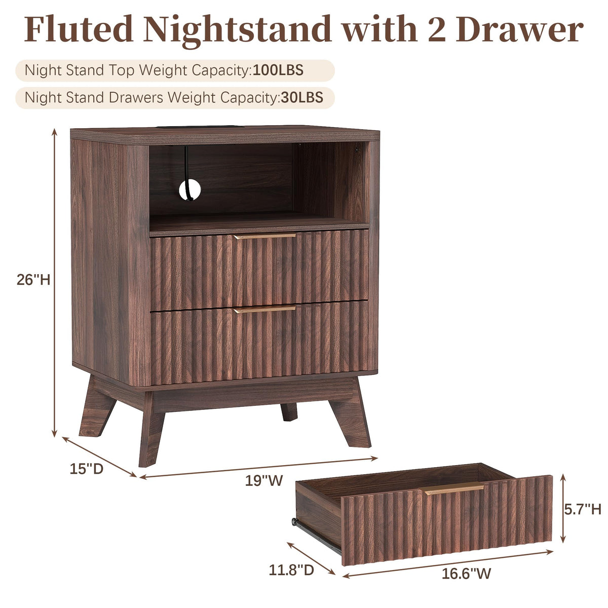 Baoz Walnut Fluted Nightstand with Charging Station & 2 Drawers for Bedroom