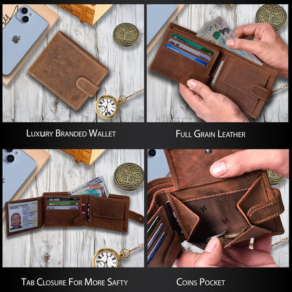 STARHIDE Handmade Wallets for Men UK | Genuine Distressed Hunter Leather | RFID Blocking Notecase Wallet | Coins and Id Card Holder | 710 (Brown)