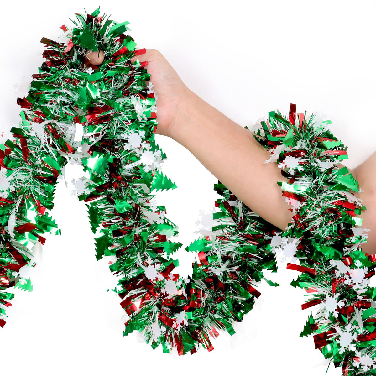 50Ft Tinsel Garland Christmas Tree Decorations,Xams Twist Garland with Snowflake Tree for Stairs Railing Mantle Indoor Outdoor Holiday Home Red Green White