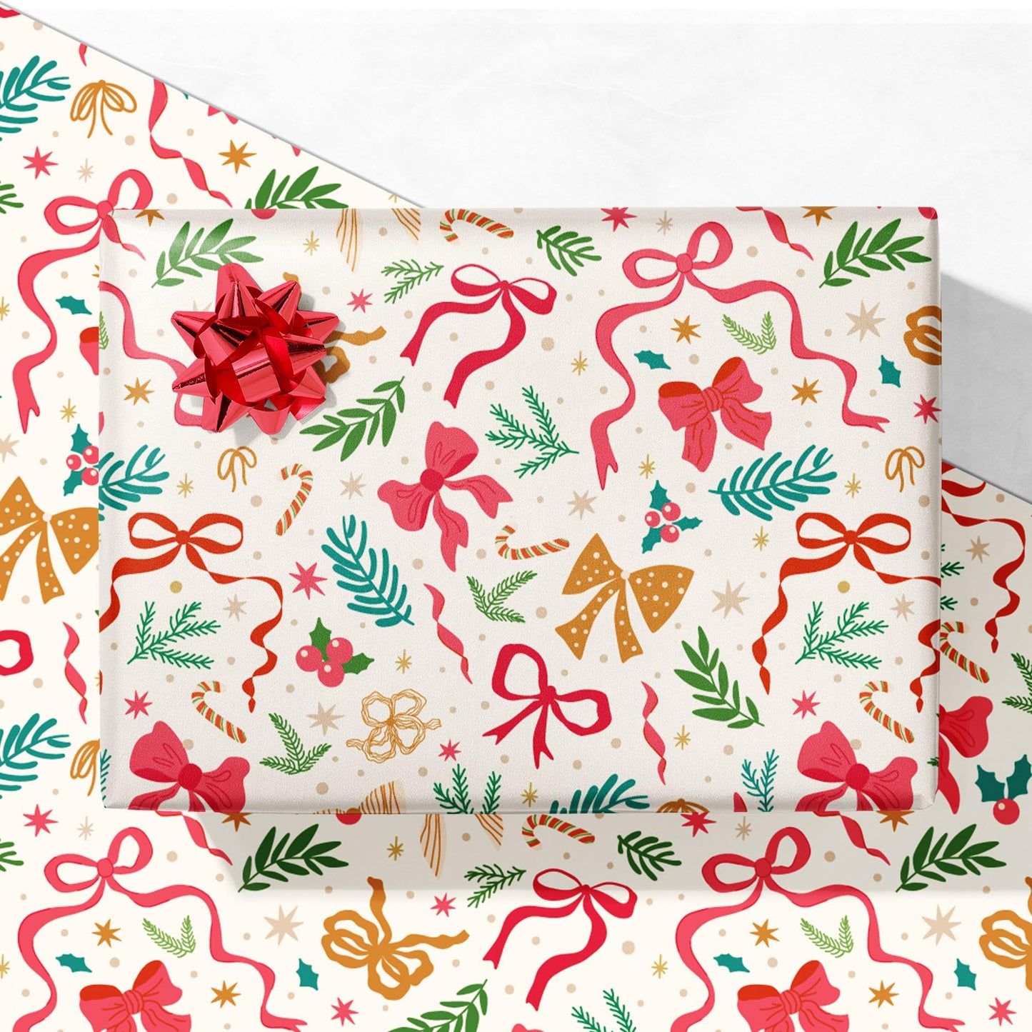 GIOLNIAY Christmas Bows Wrapping Paper for Girls Boys Kids - Holiday Gift Wrap with Ribbons, Red Bows, Winter Foliage Design - 4 Jumbo Sheets, 28″×40″ Each, Easy to Store
