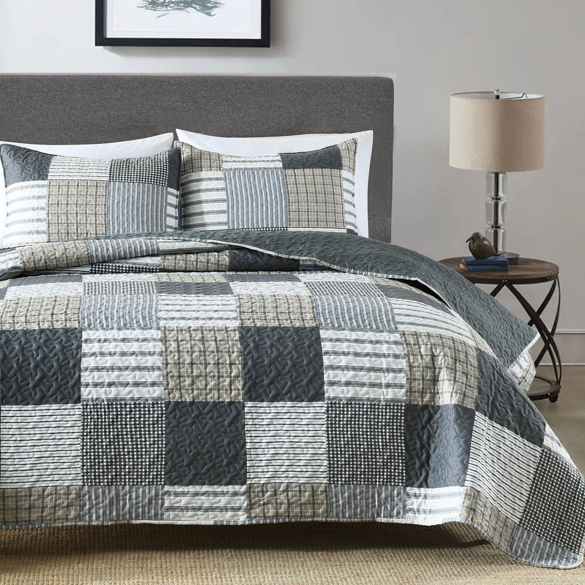 Boryard 3-Piece Queen Quilt Set, Lightweight Soft Full Size Quilt Gray Patchwork Farmhouse Bedspread Coverlet 90x90 inches Spring Bedding Set with 2 Pillow Shams, Grey Plaid Print