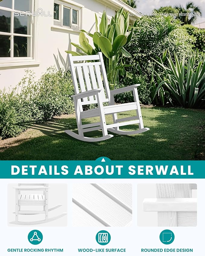 SERWALL Oversized Outdoor Rocking Chair Set of 2, HDPE Rocker for Adults, Patio Rocking Chairs for Porch, White