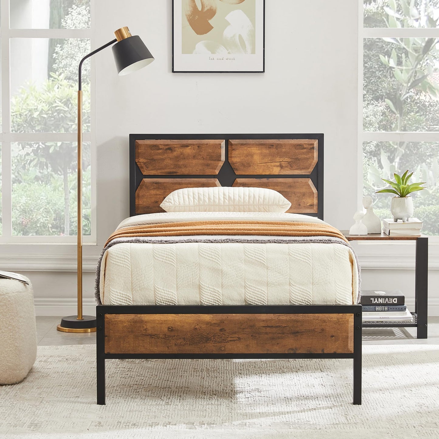 VECELO Twin Bed Frame Twin Size Bed with Wooden Headboard & Footboard, Metal Platform Mattress Foundation with Strong Slats Support& Storage Space, No Box Spring Needed/Easily Assemble