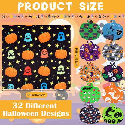 Tudomro 32 Pcs 10 x 10 Inches Halloween Fabric Holiday Quilting Cloth Fat Quarters Printed Sewing Craft Bat Pumpkin Ghost Skull Fabric for DIY Halloween Decor Patchwork Supplies