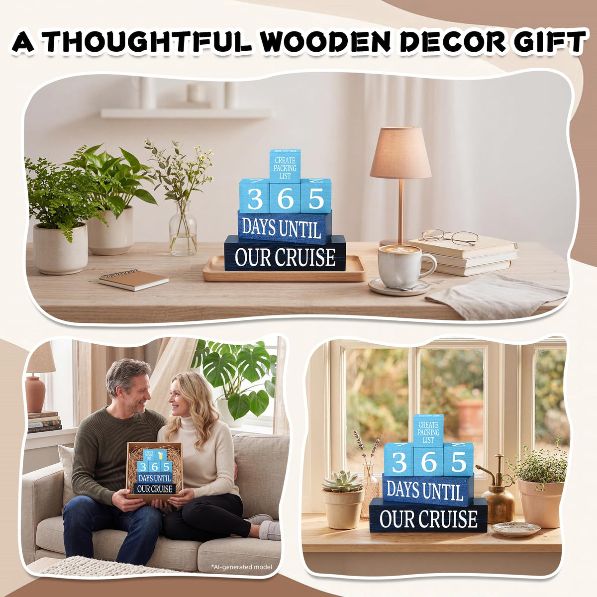 7 Pcs 365 Days Cruise Countdown Wooden Table Decor, Cruise Activities Decision Dice Table Decorations for Home Office
