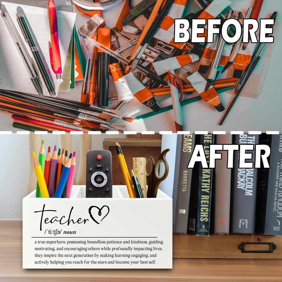 XPH Teacher Pen Pencil Holder Organizer for Desk, Teacher Appreciation Gifts, End of the Year Teachers Gifts for Women Men Wooden Box Sign for Office Workplace Classroom Desk Tabletop Decorations