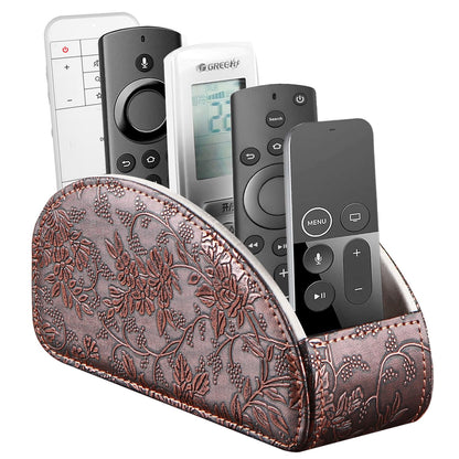 YAPISHI All-in-One Leather Brown TV Remote Holder with 5 Compartments Nightstand Desktop Media Player Remote Caddy Storage Box Organizer Tray for Mobile Office Phone Controller