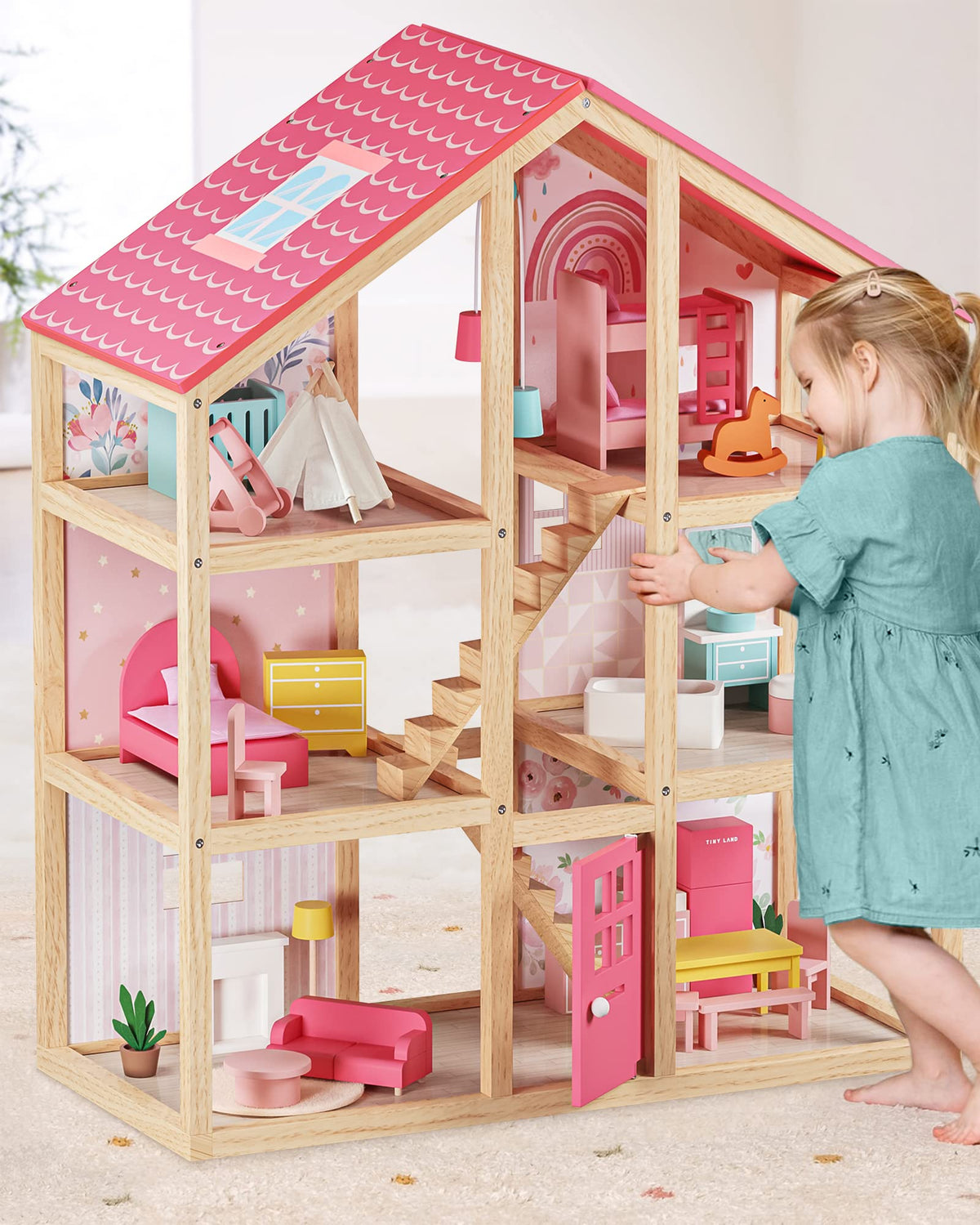 Tiny Land Wooden Dollhouse,Wooden Dollhouse Animal Set