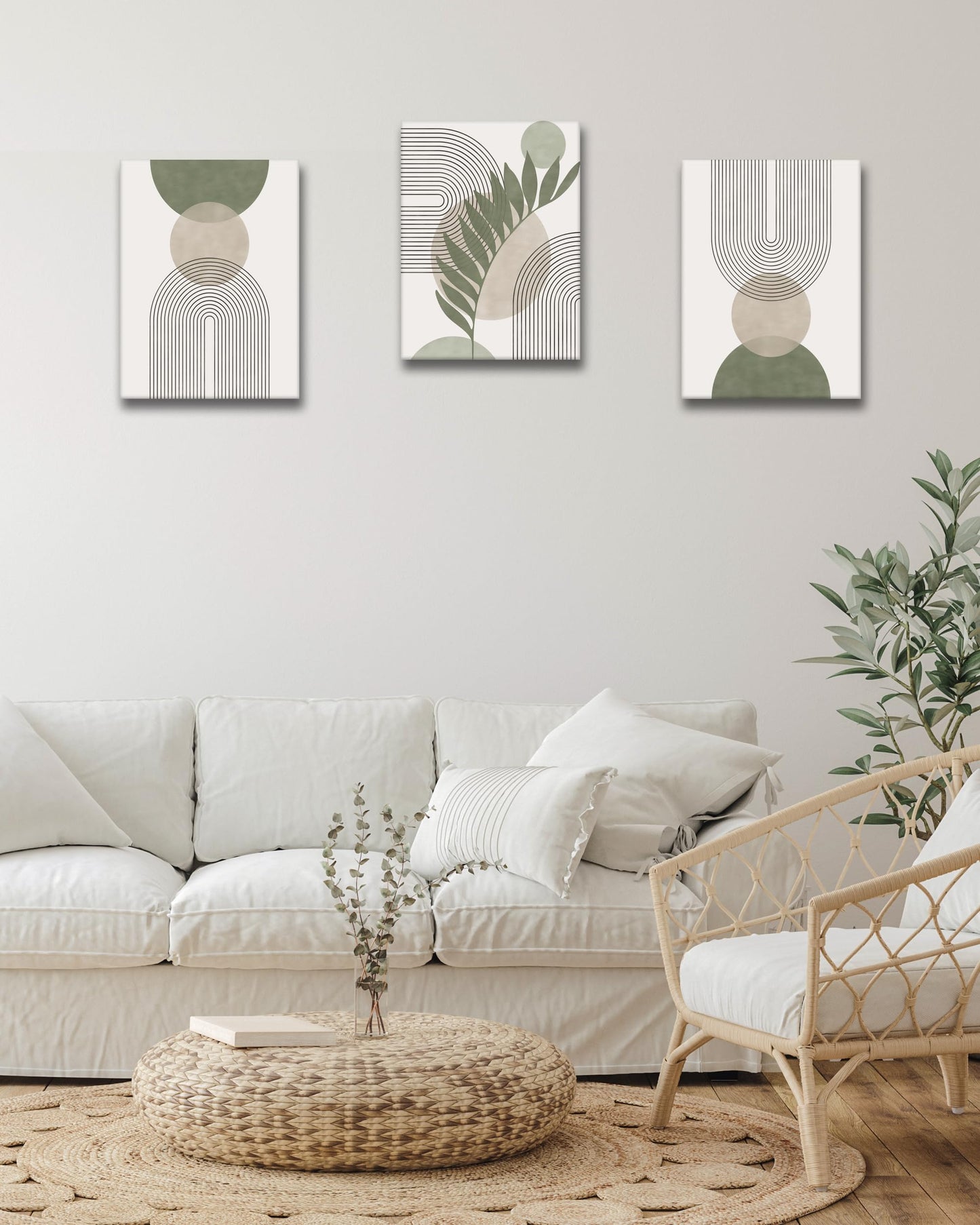 HesenDot Sage Green Boho Framed Wall Art,30x40CM Canvas Posters Prints,Minimalist Wall Decor,Mid-Century Modern Abstract Printing for Living Room Bedroom Bathroom Office,Set of 3