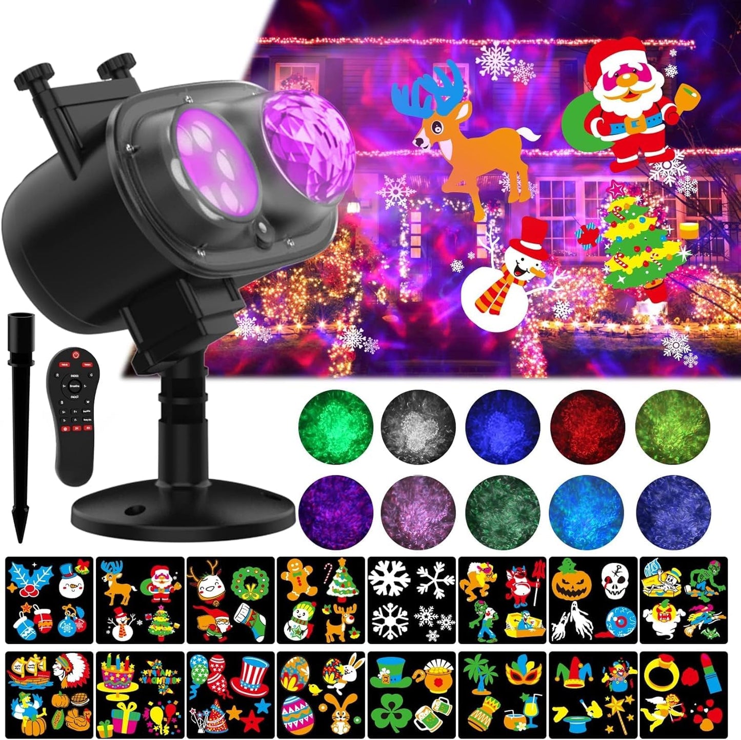 Halloween Slide Show Outdoor Holiday Projector, 2 in 1 Water Wave Outside Projector Lights Christmas with Dynamic 16 HD Patterns for House, Garden, Yard, Xmas, New Year, Thanksgiving Day