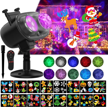 Halloween Slide Show Outdoor Holiday Projector, 2 in 1 Water Wave Outside Projector Lights Christmas with Dynamic 16 HD Patterns for House, Garden, Yard, Xmas, New Year, Thanksgiving Day