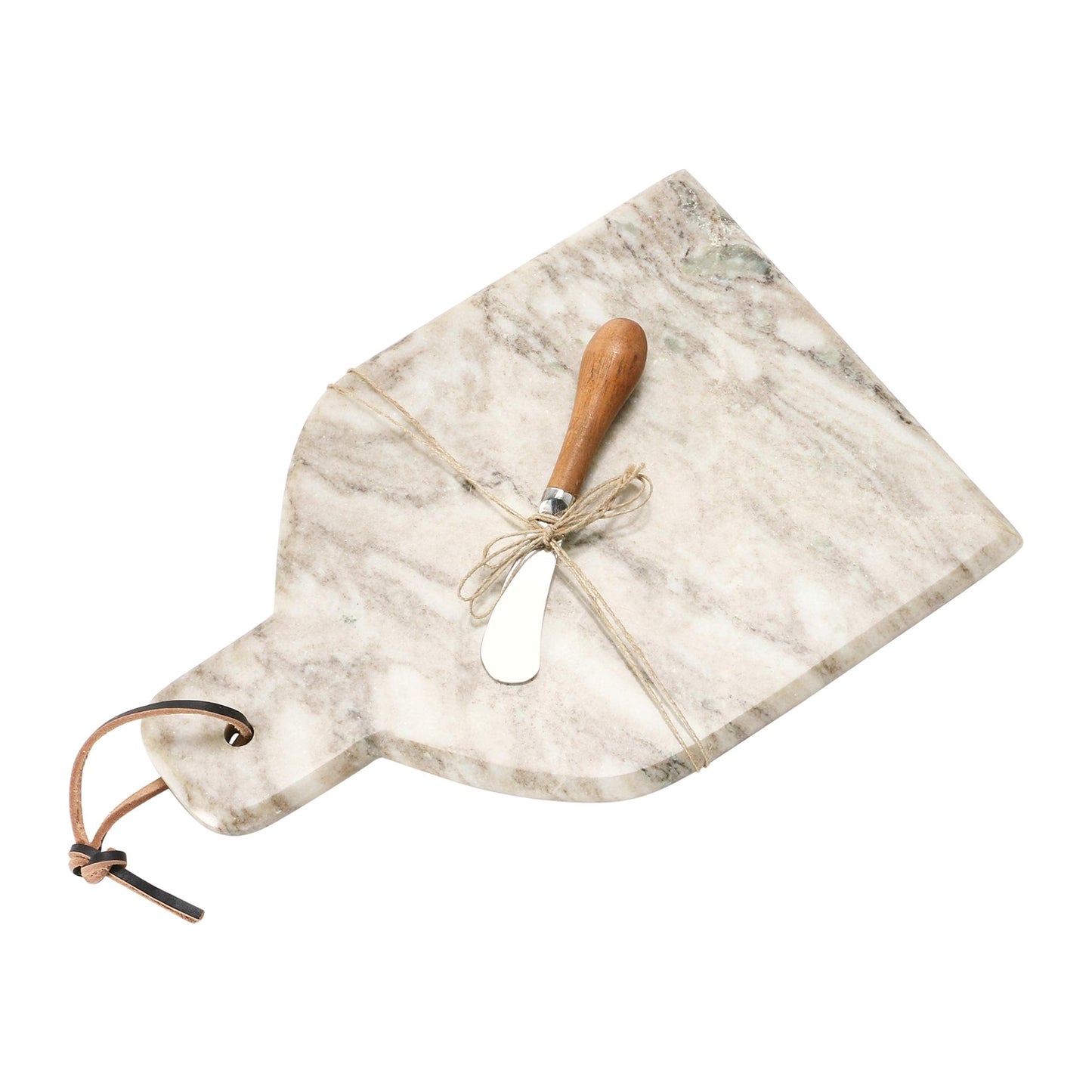 Creative Co-Op Marble Cheese and Cutting Board with Handle, Leather Tie and Canape Knife, Buff, Set of 2