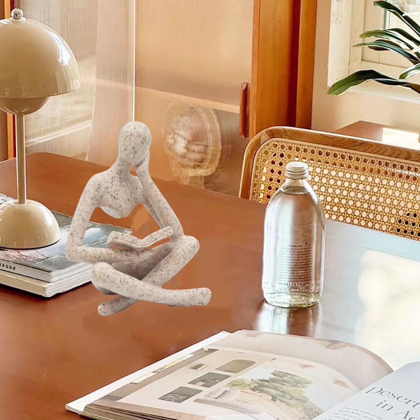 Reading Thinker Statue, Sculptures Abstract Art Ornament, Modern Aesthetic Figurine Decoration Set of 2 Status for Home Living Room Bedroom Office Shelf Table Desk Bookshelf Decor (Sandstone)