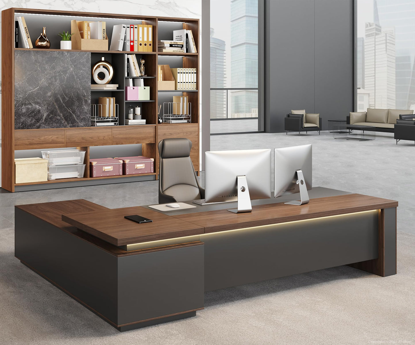 87" Reversible L-Shaped Executive Desk with Drawers – Luxury Office Computer Desk with Open Shelves, LED Lighting, Built-in Outlet & USB Ports for Home Office, Corporate, School (87"W x 71"D x 30"H)