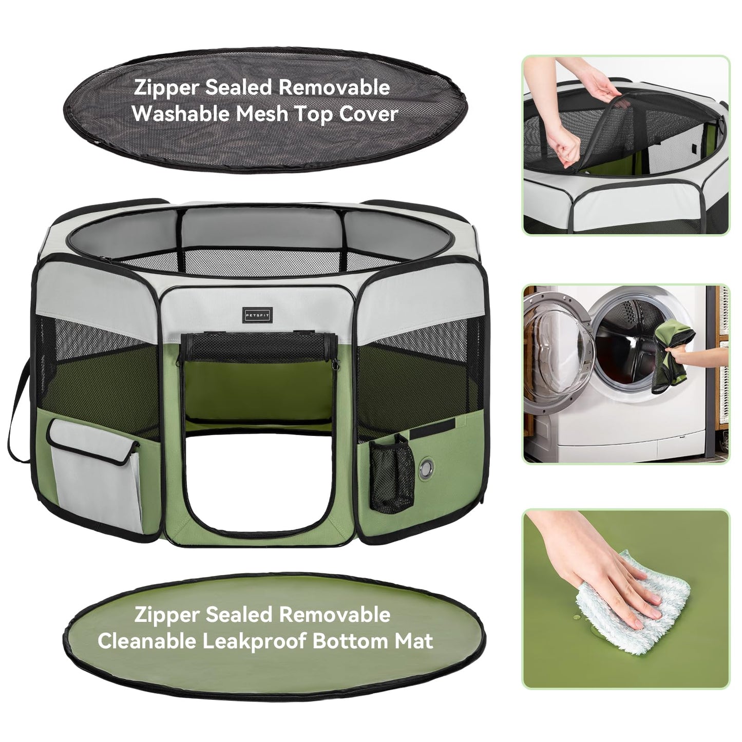 PETSFIT Cat Pen, Anti-Leakage Bottom, Foldable, Collapsible Puppy Playpen, Chewproof Design, Dog Playpen Indoor, 91 × 84 × 53 cm, Green