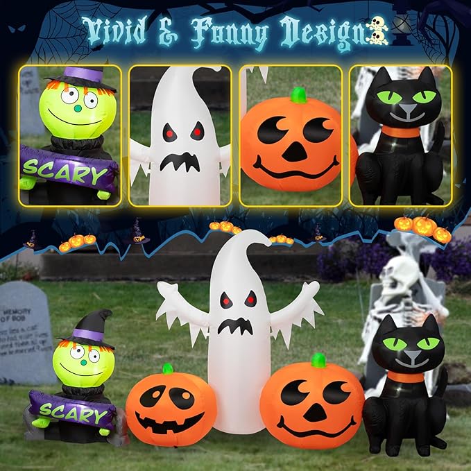 8FT Long Halloween Inflatables Outdoor Decorations, Inflatable Pumpkin and Ghost Black Cat Halloween Decorations with Built-in RGB LEDs Blow Up Inflatable for Halloween Party Garden Yard Lawn