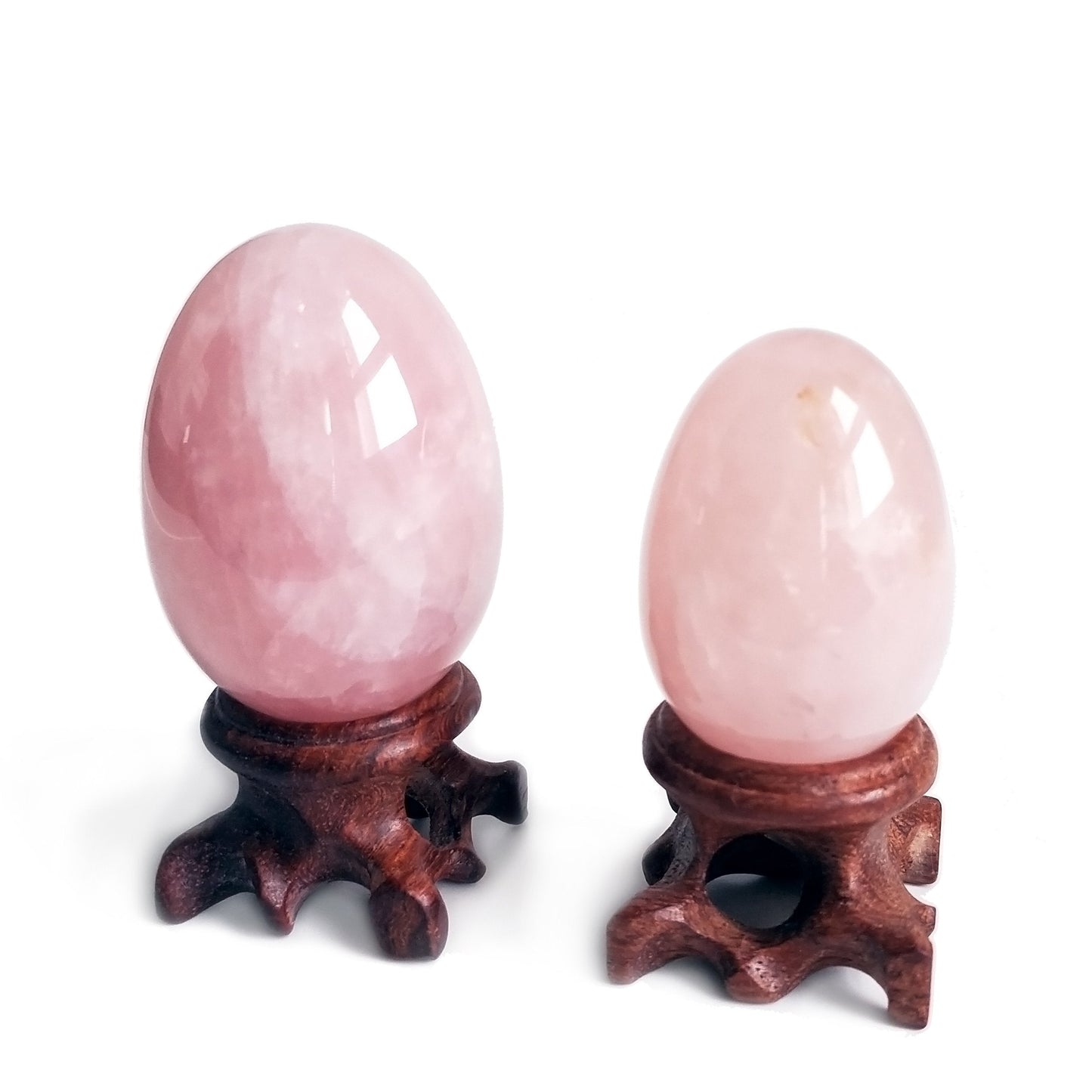 Polar Jade Set of 2 Rose Quartz Gemstone Egg Spheres with Wooden Stand for Healing Meditation Chakra Balancing and Home Decoration (L & M Sizes)