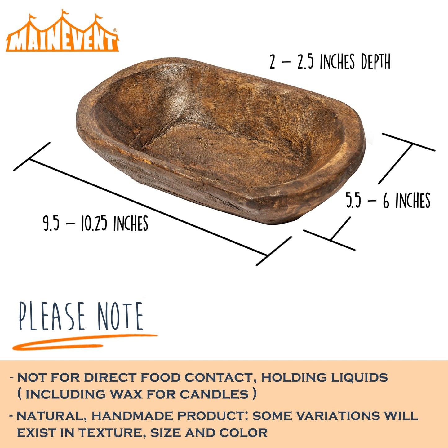 MAINEVENT Decorative Bowl Home Decor Approx 10 Inch, Hand Crafted Spanish Oak Wooden Dough Bowl Decor, Table Centerpiece Made in USA