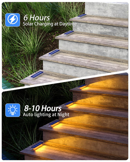 DetarZinLED Solar Lights Outdoor Garden, 4-Pack Waterproof Decking Lights Warm White, 1000mAh Battery & 8-10H Auto Lighting Solar Step Light for Stairs Dock Patio Path Driveway