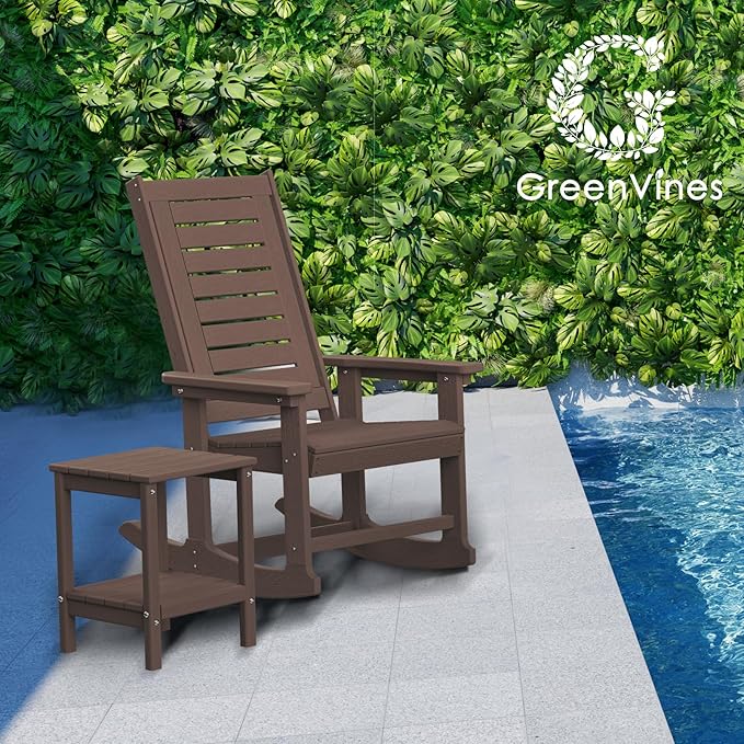 GREENVINES Outdoor Rocking Chair Set | 3-Piece | Dark Brown Wood Grain | 2 Rocking Chairs with 1 Side Table | Porch Rocker | HDPE Plastic | Patio Furniture Sets