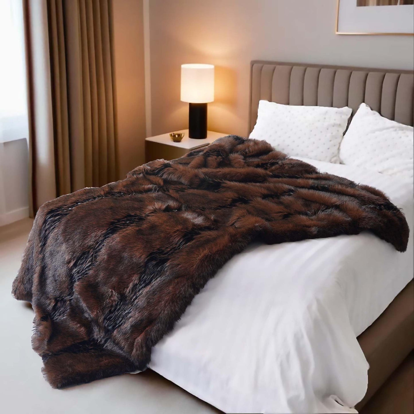 inchgrass Fox Faux Fur Blanket Luxury Fur Throw Blanket Sofa Fluffy Blanket Super Warm Elegant Cozy Fuzzy Throw Blankets for Couch,Armchair and Bed Washable Plush Blankets 74"x90" Brown Throw Blanket