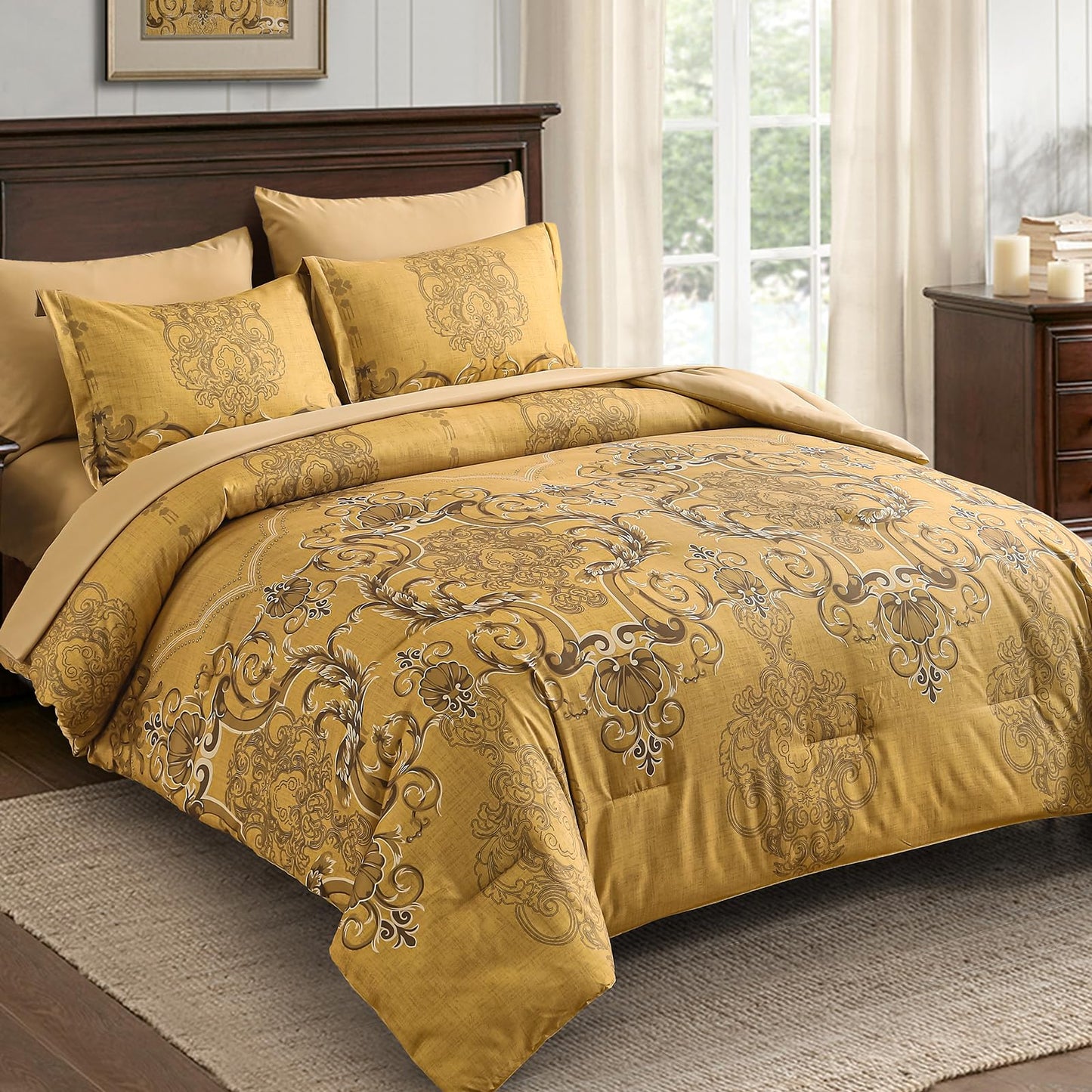 Mybedsoul Gold Queen Comforter Set, 7 Pieces Boho Bed in a Bag for Queen Bed, Damask Comforter with Sheets Pillowcases, Soft Microfiber Lightweight Bedding Sets for All Season(90"x90")