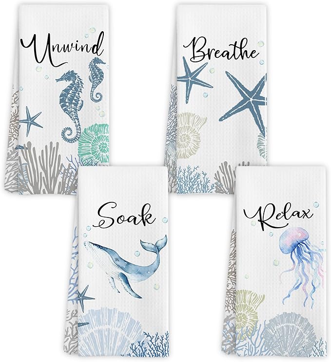 Coastal Hand Towels for Bathroom Set of 4, Relax Breathe Soak Unwind Decorative