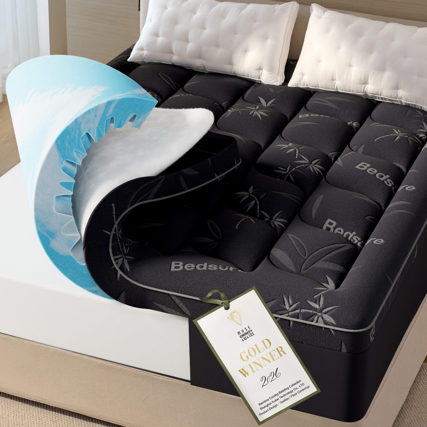 Bedsure Dual-Layer 5 Inch Memory Foam Mattress Topper King, 3 Inch Memory Foam + 2 Inch Viscose Made from Bamboo Mattress Topper Pad Cover, Breathable & Pressure Relief, Black