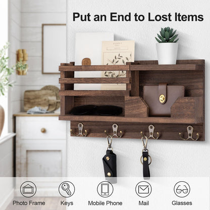 Lwenki Mail and Key Holder for Wall – Decorative 15.9” x 8.7” x 3.2” Entryway Organizer with Shelf – Paulownia Wood with 4 Dual Hooks Includes Mounting Hardware and Installation Guide