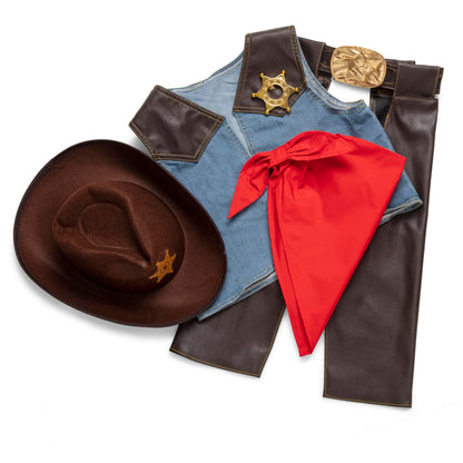 Melissa & Doug Cowboy Role Play Costume Set (5 pcs) - Includes Faux Leather Chaps - Cowboy Dress-Up Role Play Costume with Vest for Boys and Girls