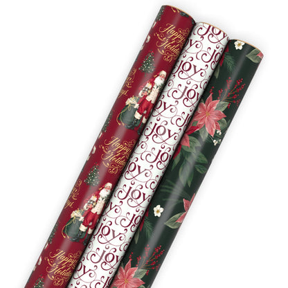 Hallmark Elegant Christmas Wrapping Paper Rolls (3 Rolls: 120 Sq. Ft. Total) Red Joy on White, Santa Claus and Happy Holidays on Red, Painted Poinsettia on Hunter Green