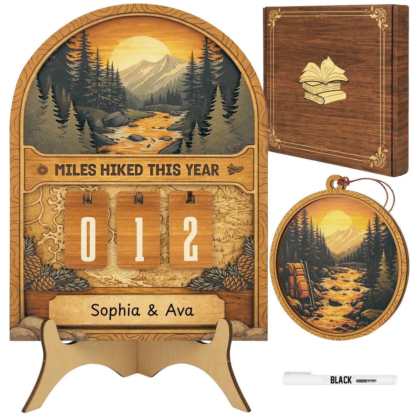 Hiking Gifts For Men Women Miles Hiked This Year Counter Personalized Wooden Trail Tracker Mountain Forest Decor With Hiking Ornament Pen Storage Box Unique Birthday Father Mothers Day Christmas