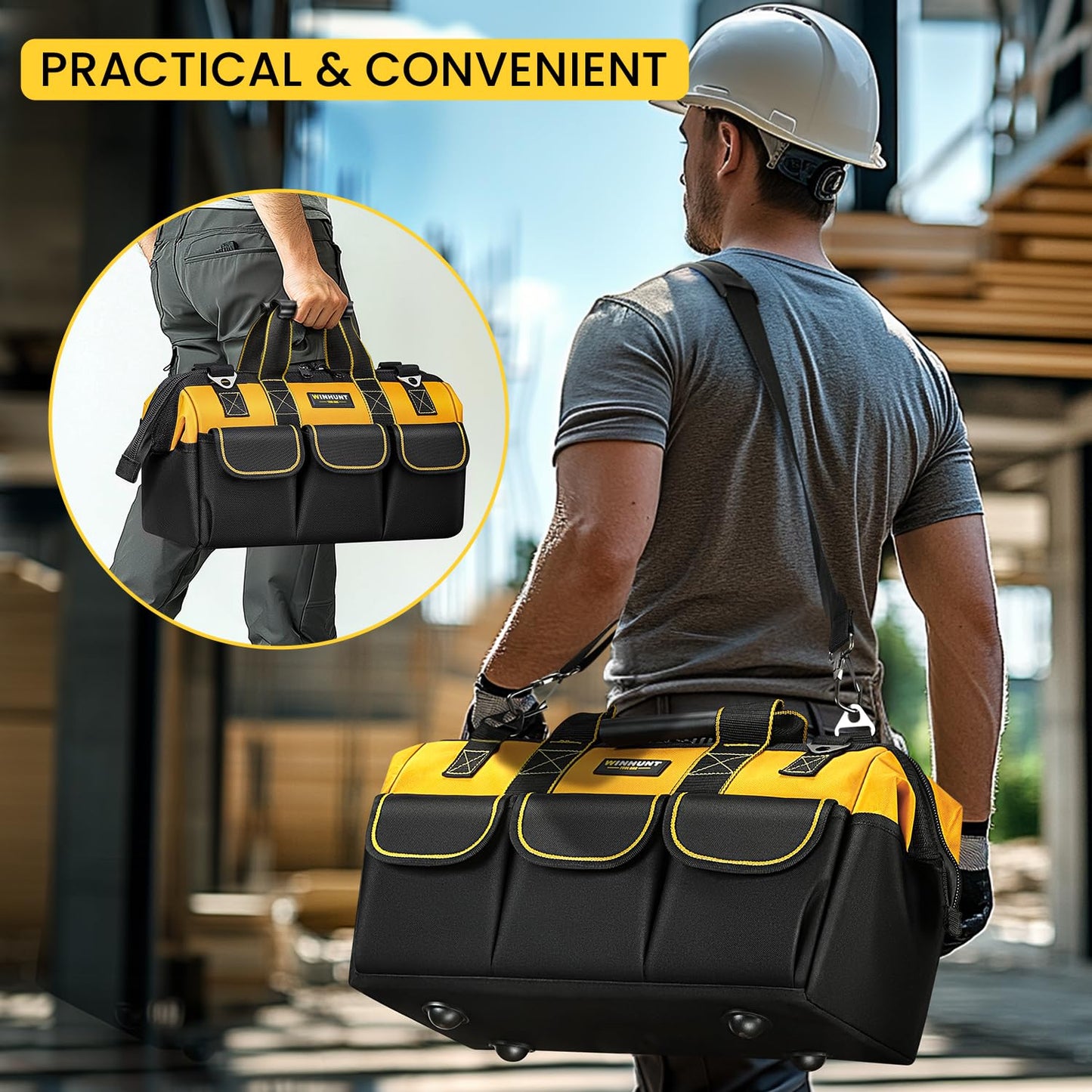 WINHUNT Heavy Duty Tool Bag with Adjustable Shoulder Strap, Waterproof Wide Open Mouth Tools Storage Organiser, 15 Inch, Yellow