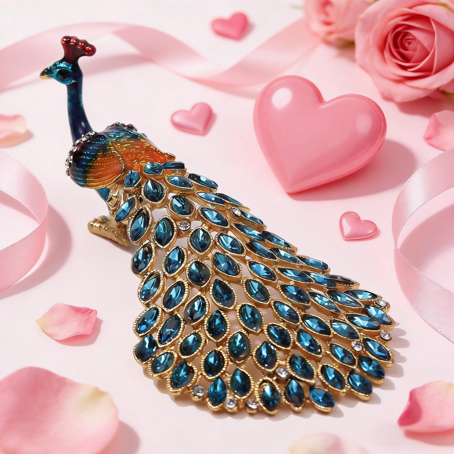SEVENBEES Enameled Peacock Jewelry Box - Hand Painted Collectible Figurine with Crystal Rhinestones, Women and Girls for Rings and Earrings Valentine Decor Gifts